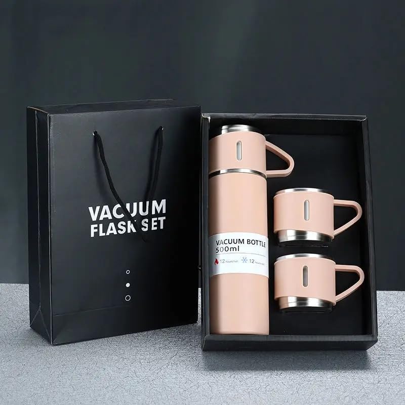 Homees365 Steel Vacuum Flask Set (500ml Flask with 2 Cups Black Box) - Assorted Colors Only