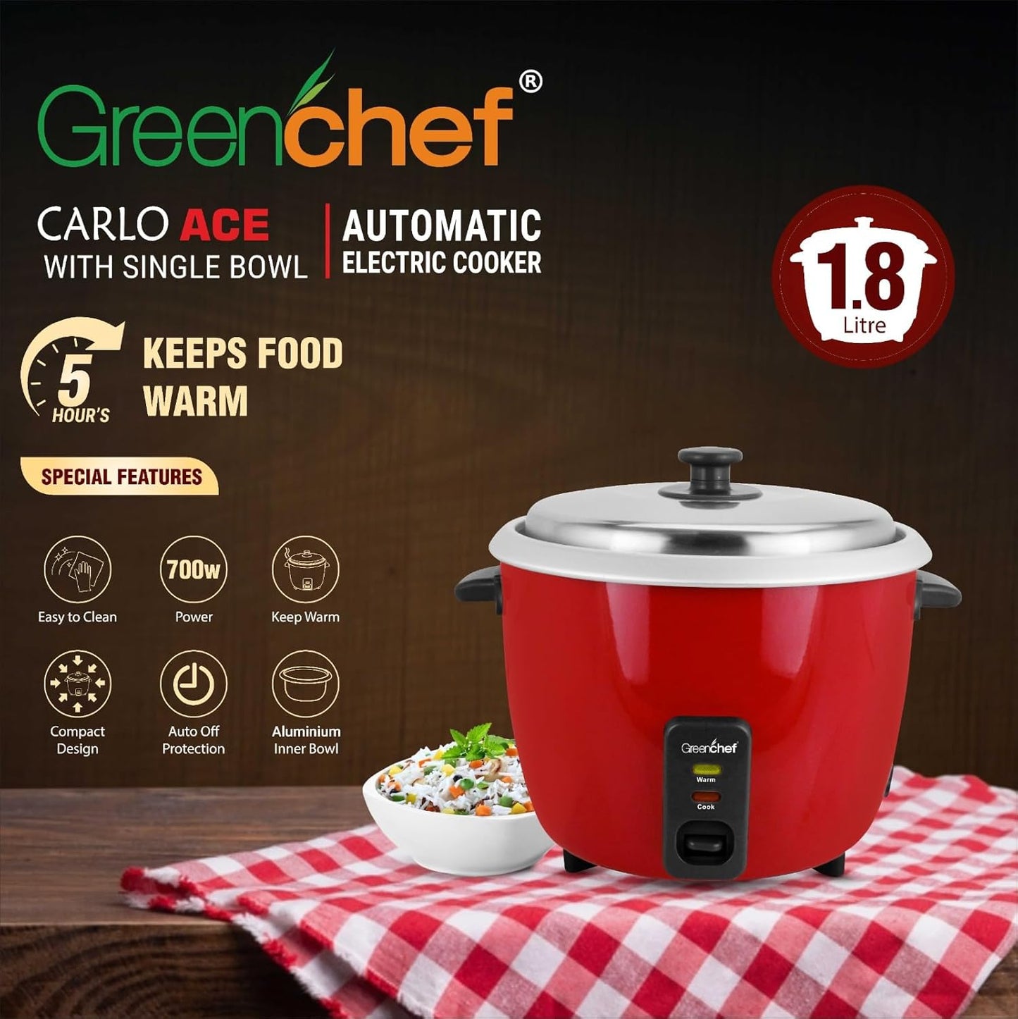 Greenchef Automatic Cooker Carlo Ace single Bowl 1.8L