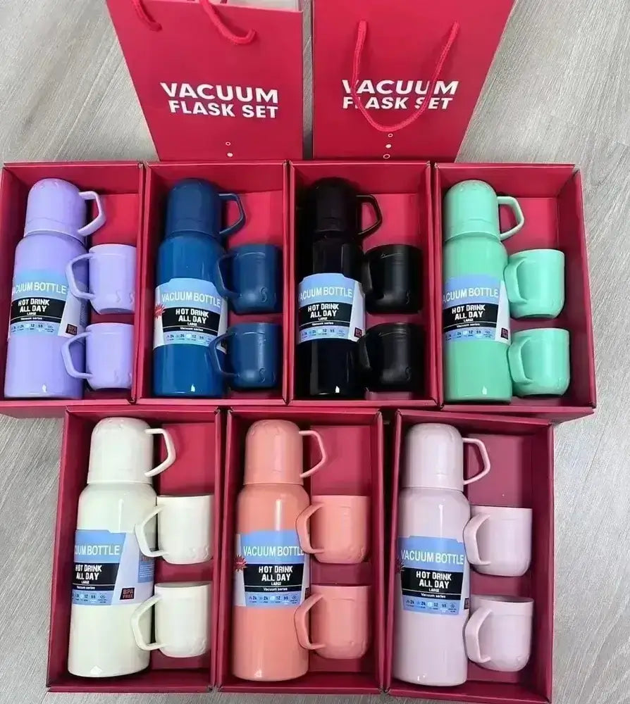 Homees365 Steel Vacuum Flask Set (500ml Flask with 2 Cups Red Box) - Assorted Colors Only