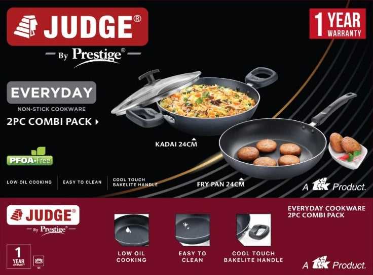 Judge by Prestige Everyday Combi Pack - Kadai 240mm + Fry Pan 240mm + Glass Lid