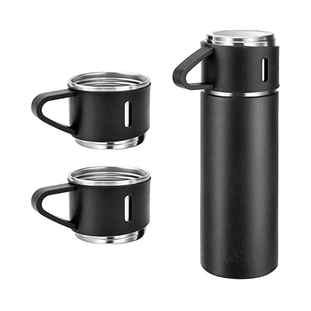 Homees365 Steel Vacuum Flask Set (500ml Flask with 2 Cups Black Box) - Assorted Colors Only