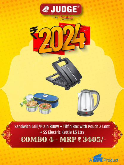 Judge by Prestige Tiffin Combo (Sandwich Toaster + 2 Cont Tiffin + SS Kettle 1.5 Ltrs)