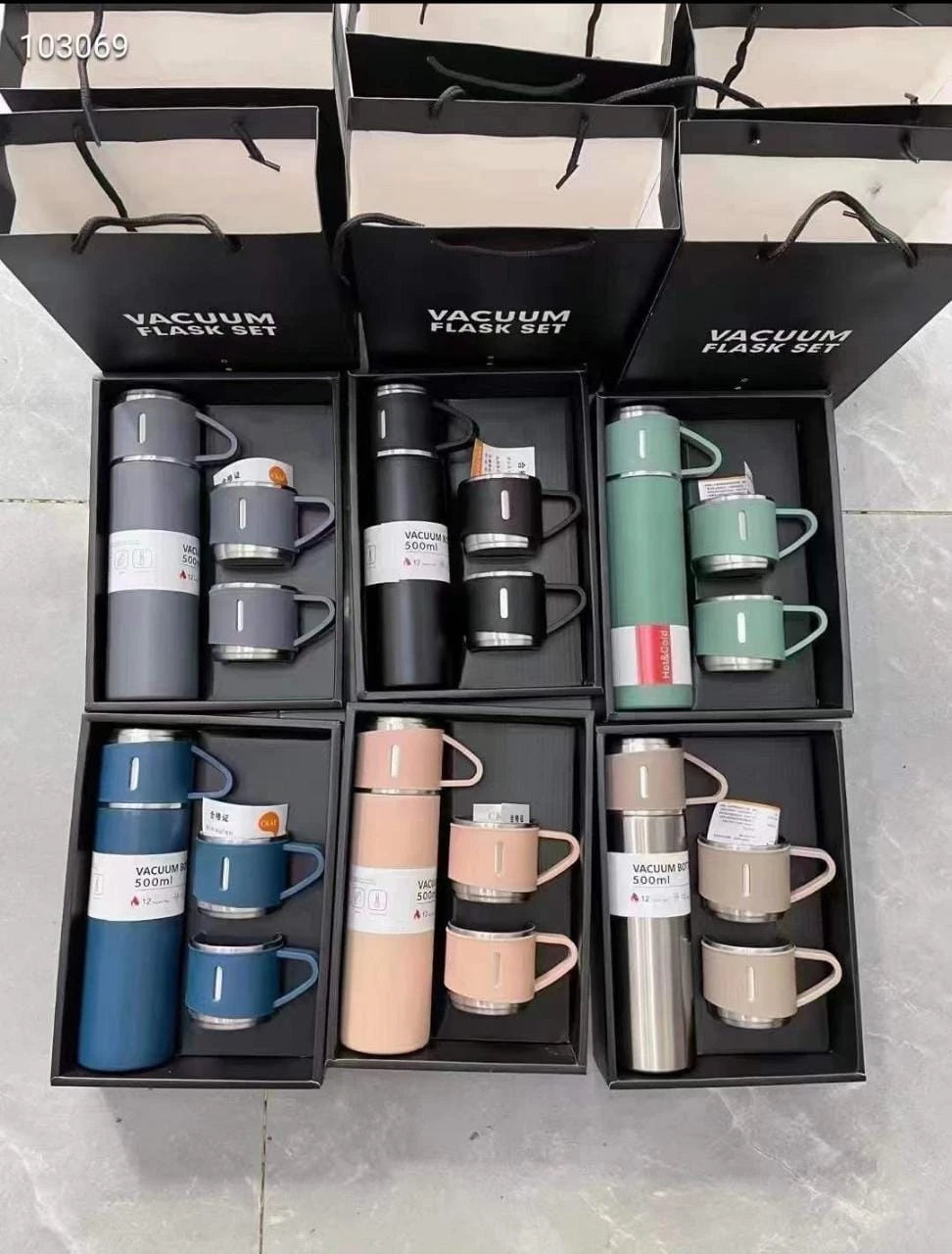 Homees365 Steel Vacuum Flask Set (500ml Flask with 2 Cups Black Box) - Assorted Colors Only