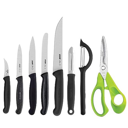 Kohe 8 PCS Stainless Steel Kitchen Knife Set with Block, Knife Holder for Kitchen, 5 Knives, 2 Peelers and 1 Scissors